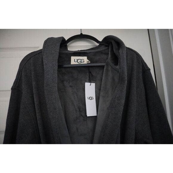 UGG Men's Sz L/XL Charcoal Heather Gray Leeland Hooded Cotton Blend Robe - Picture 8 of 15